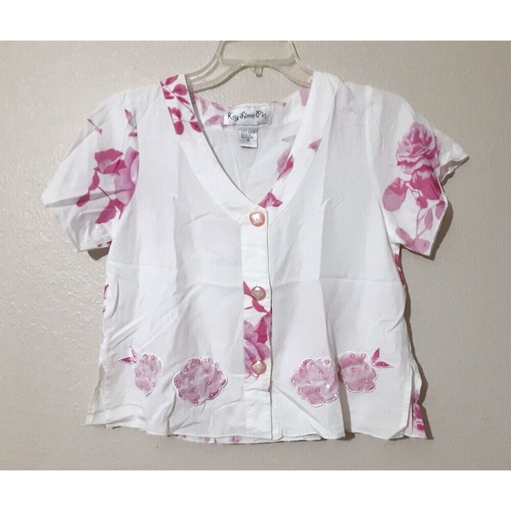 Vintage Key Lime Pie Size S Croped White Pink Applique Floral Button Up Shirt